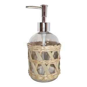 Clear Decorative Glass Silver Plastic Soap Dispenser Removable Woven Tan Raffia